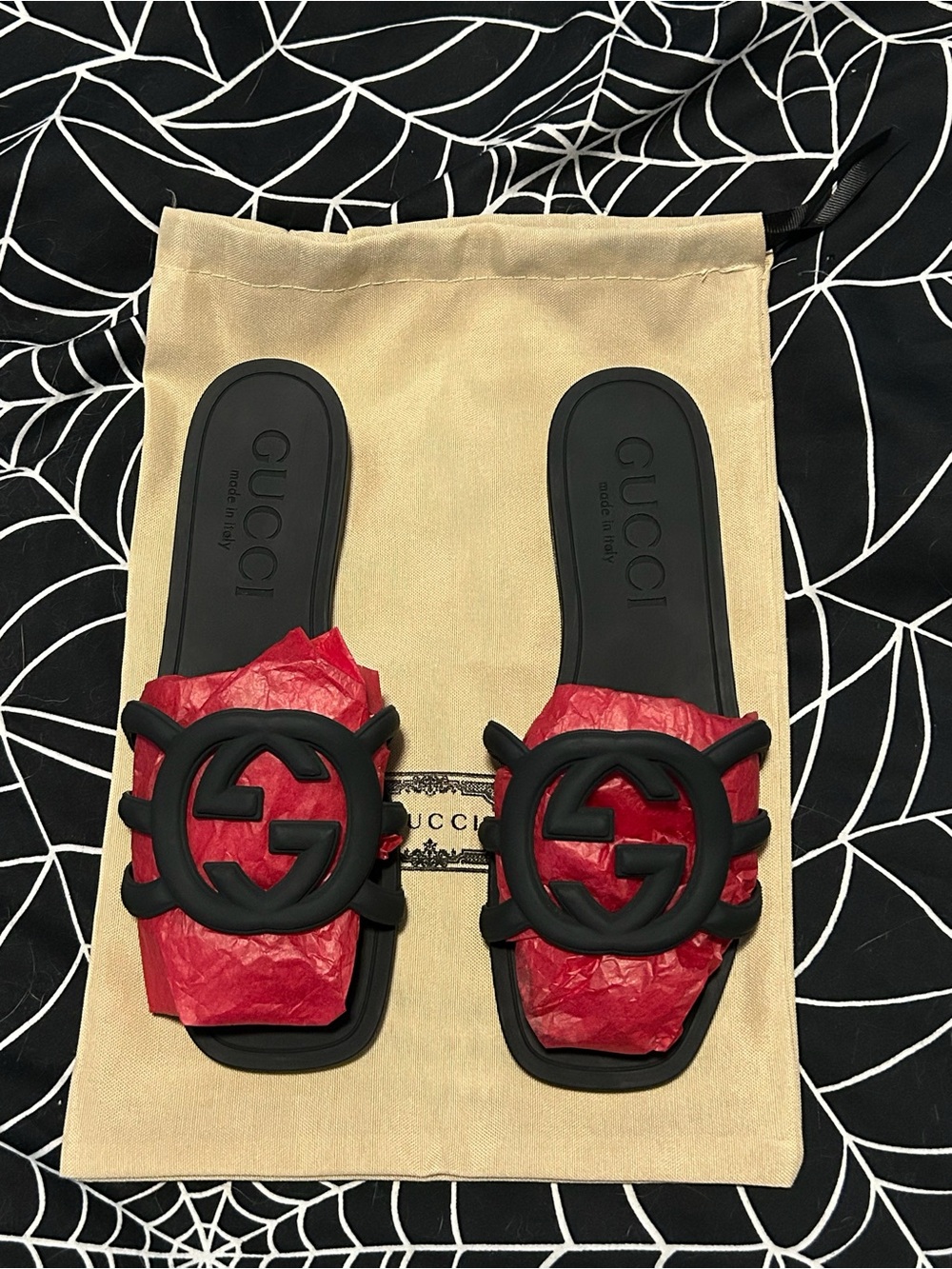 Gucci Black Palma Interlocking GG Rubber Flat Slide Sandals